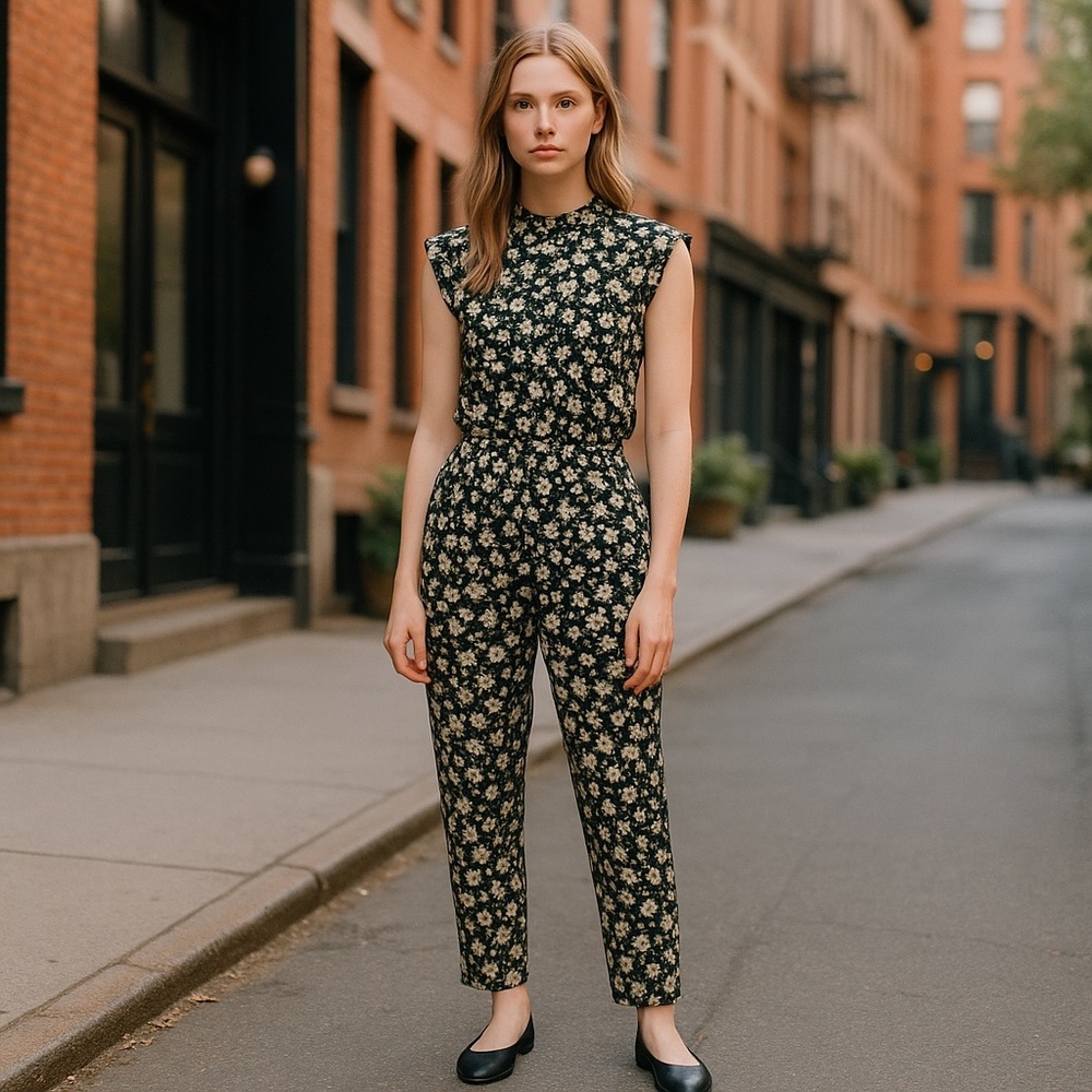 Madison Scotch Sahara Social Palm Tree Print Cap Sleeves Black‎ & Cream Jumpsuit
